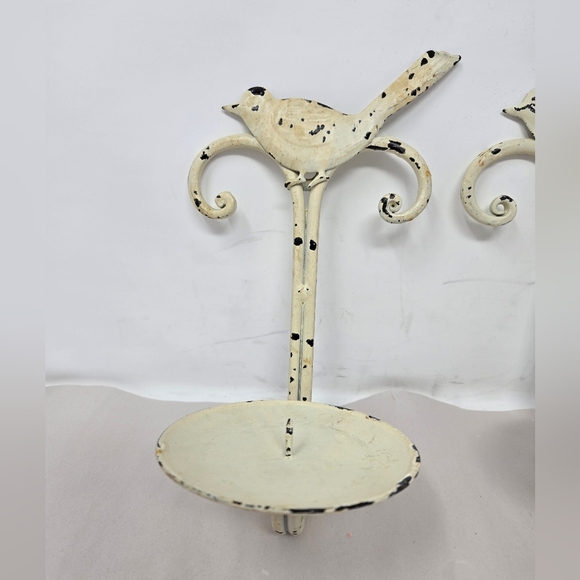 Bird Pillars Candle Holders Off White Patina Shabby Chic Rustic Farm House Metal - Picture 2 of 8